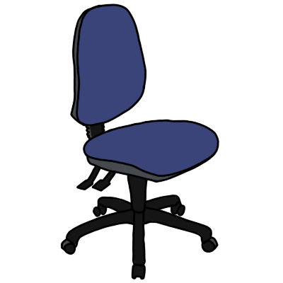 A blue office chair with wheels, two pedals and no arms.